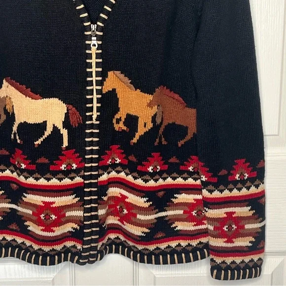 Rods Horse Print Zip Up Cardigan Sweater Womens Sz L Western Country Ranch - Picture 5 of 12